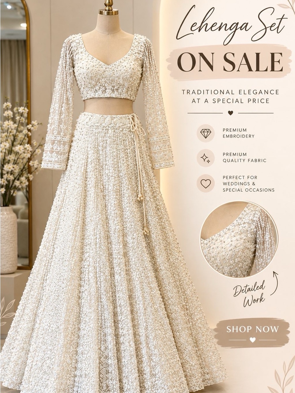 Elegant Ivory Embroidered Lehenga Set - Women's Skirt